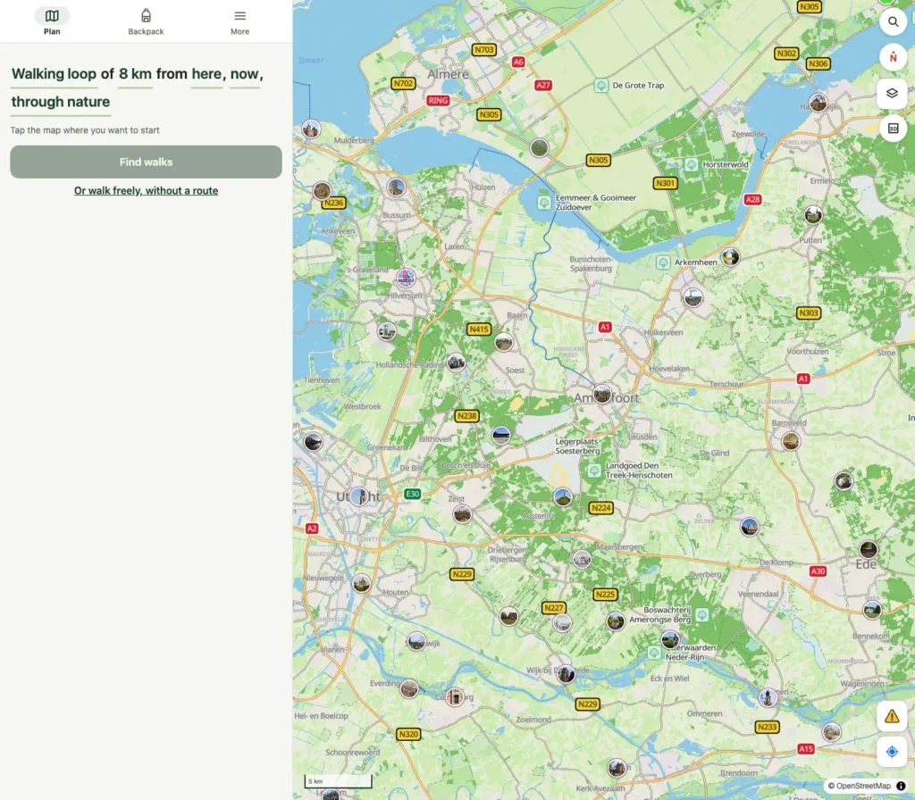 Kavely route planner showing a map of the Netherlands with a walking loop search