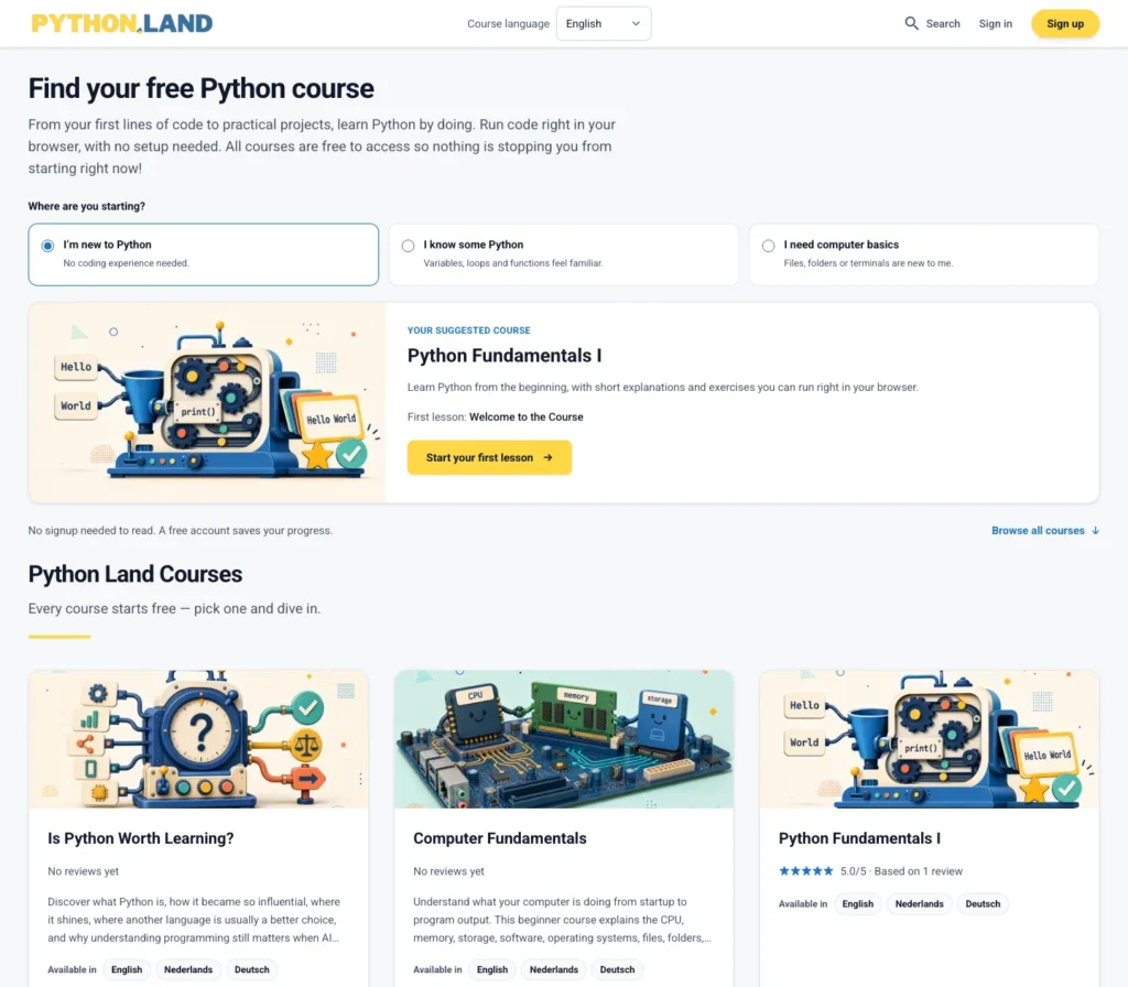 Homepage of the Python Land learning platform with free Python courses
