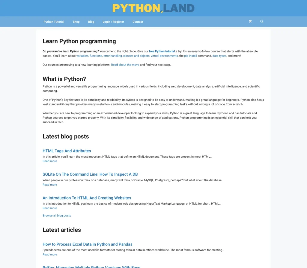 Homepage of Python Land with Python tutorials and blog posts