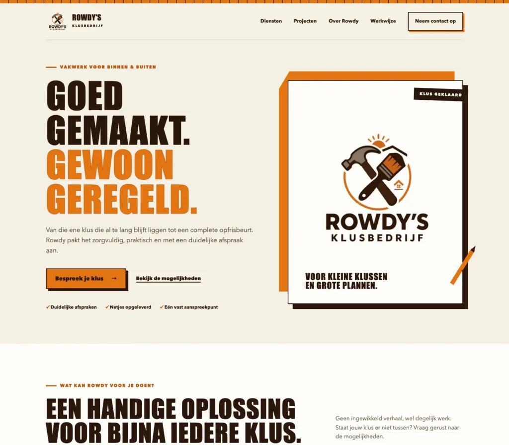 Homepage of the Rowdy's Klusbedrijf website